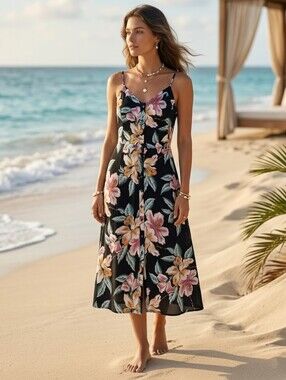 Black Floral Button-Down Midi Summer Dress Hawaiian Hibiscus Flowers Medium